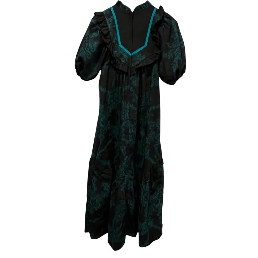Carol Bennett for Liberty House Vtg Prairie Maxi Dress, Floral Black Green, S/M - Picture 3 of 10